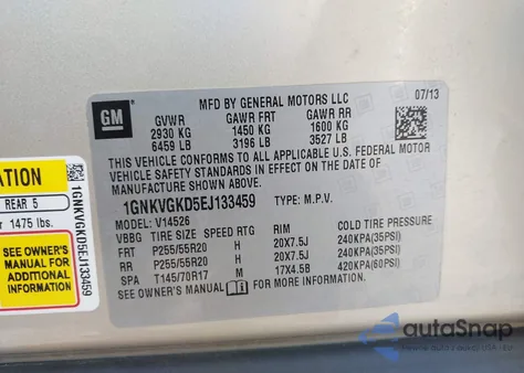 2014 Chevrolet Traverse 1Lt from USA, damaged, VIN 1GNKVGKD5EJ133459